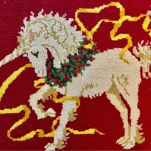 Vintage Framed Prancing Christmas Unicorn Tapestry Needlepoint